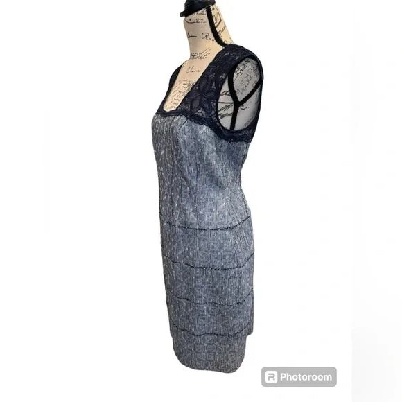 Kay Unger Sheath Dress Navy Blue Lace and Pewter Tweed Womens Size 12 - Picture 3 of 16